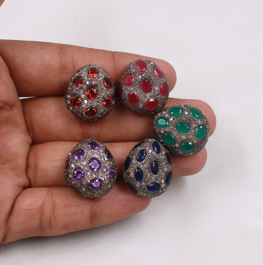 Round pave diamond bead with emerald gemstones in sterling silver
