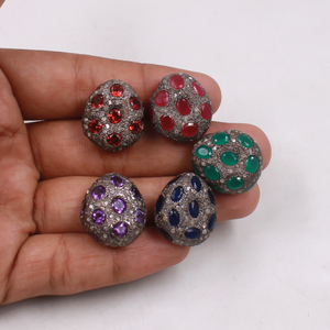 Round pave diamond bead with emerald gemstones in sterling silver