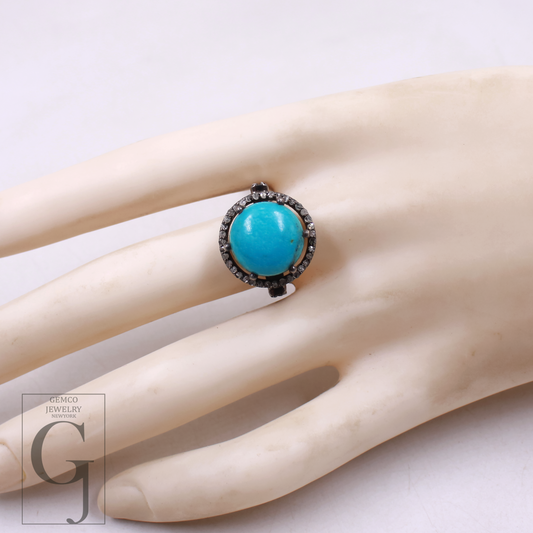 Natural Turquoise Ring With Pave Diamonds In 925 Sterling Silver – Designer Ring for Her