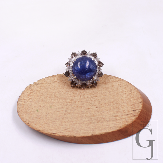 Natural tanzanite and tourmaline ring with pavé diamonds in 925 sterling silver