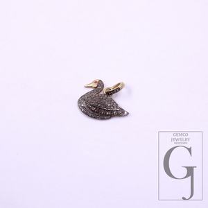Beautiful Duck Pendant With Rosecut Pave Diamonds Vermeil Gold In 925 Sterling Silver, Handmade Pendant Gift For Her
