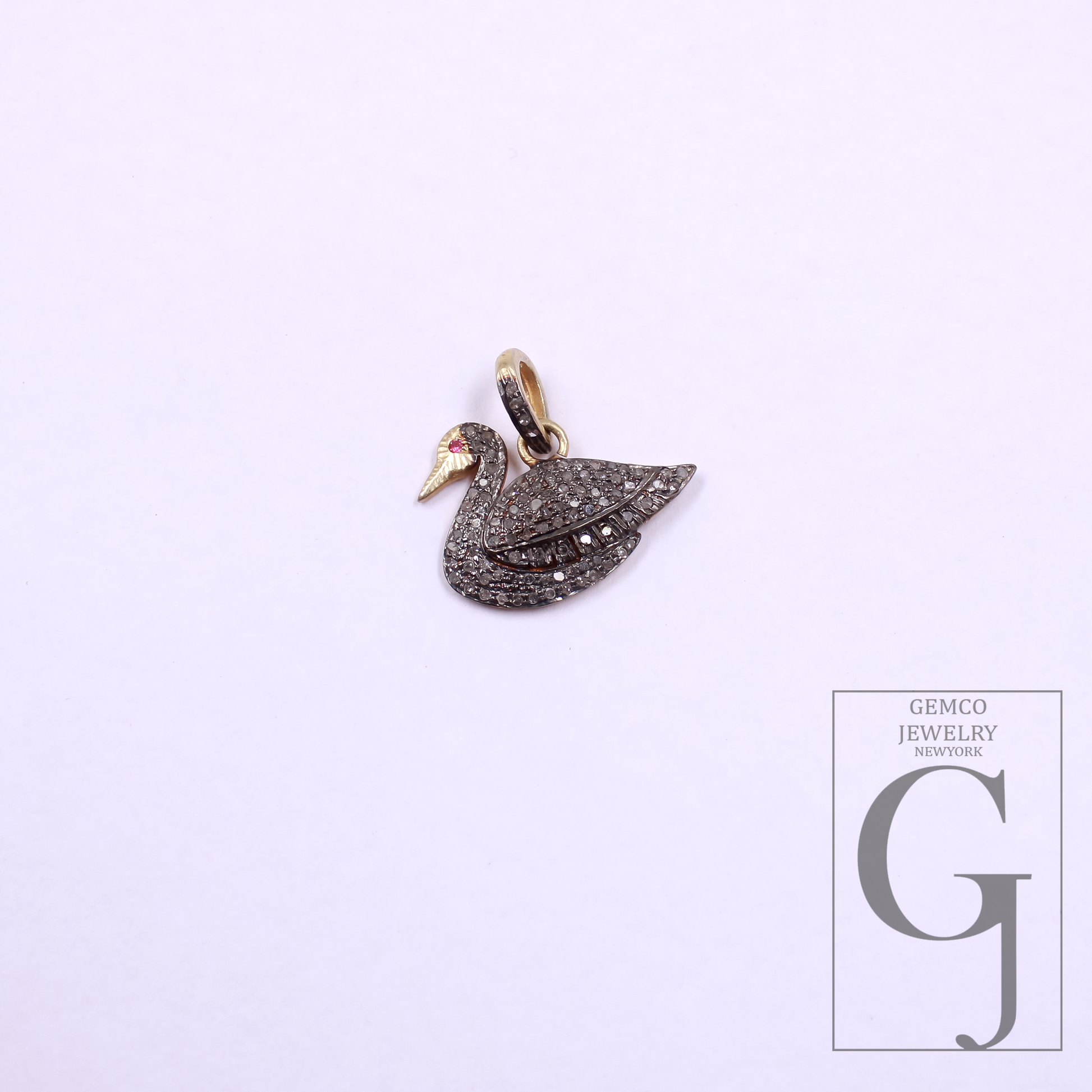 Beautiful Duck Pendant With Rosecut Pave Diamonds Vermeil Gold In 925 Sterling Silver, Handmade Pendant Gift For Her