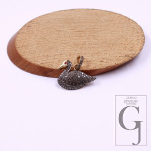 Beautiful Duck Pendant With Rosecut Pave Diamonds Vermeil Gold In 925 Sterling Silver, Handmade Pendant Gift For Her