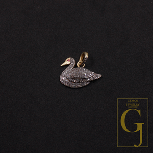 Beautiful Duck Pendant With Rosecut Pave Diamonds Vermeil Gold In 925 Sterling Silver, Handmade Pendant Gift For Her