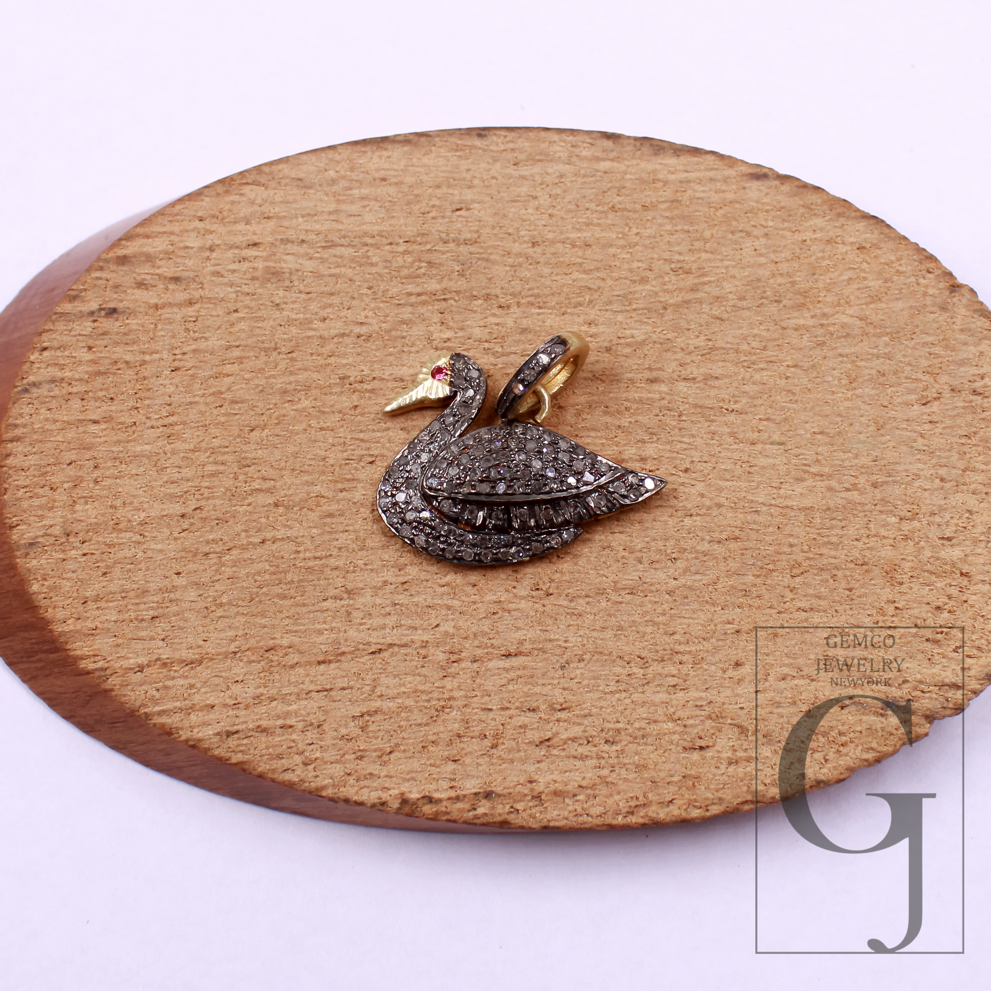Beautiful Duck Pendant With Rosecut Pave Diamonds Vermeil Gold In 925 Sterling Silver, Handmade Pendant Gift For Her