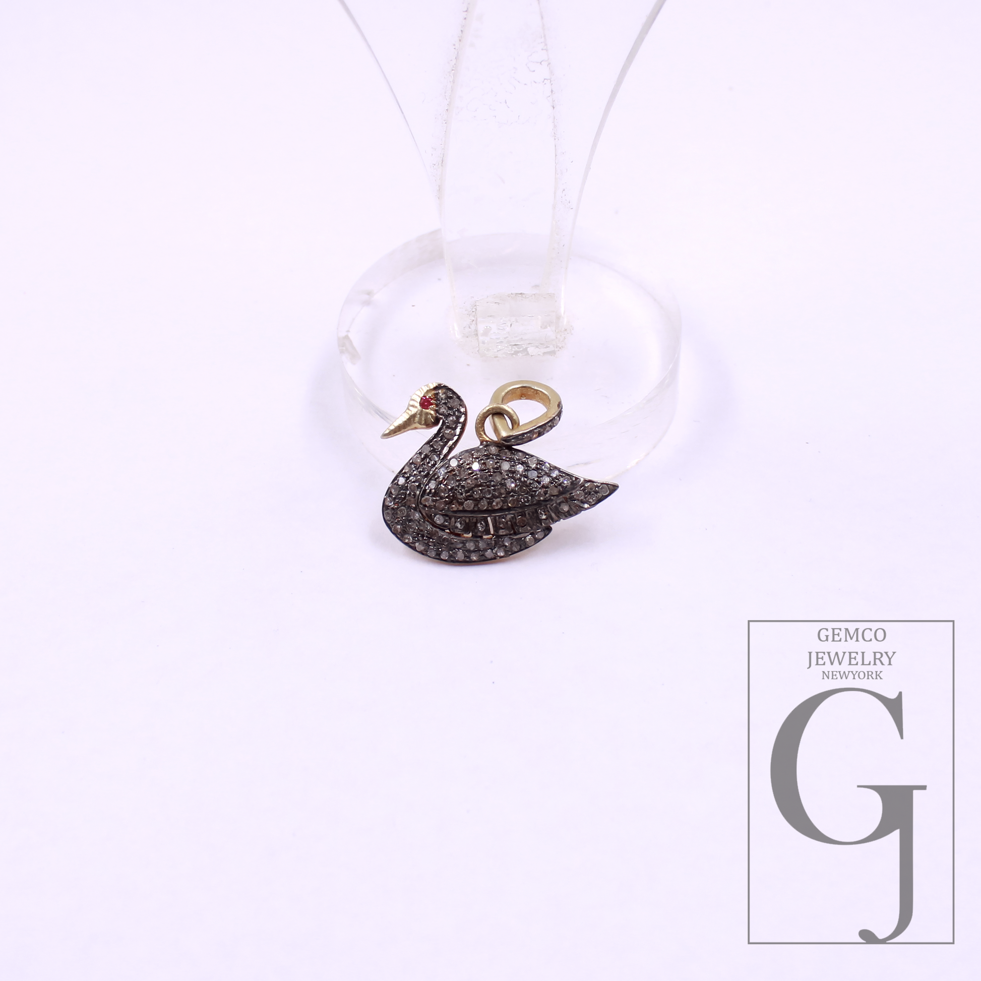 Beautiful Duck Pendant With Rosecut Pave Diamonds Vermeil Gold In 925 Sterling Silver, Handmade Pendant Gift For Her