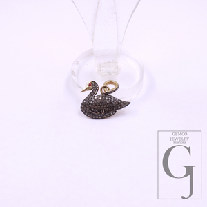 Beautiful Duck Pendant With Rosecut Pave Diamonds Vermeil Gold In 925 Sterling Silver, Handmade Pendant Gift For Her