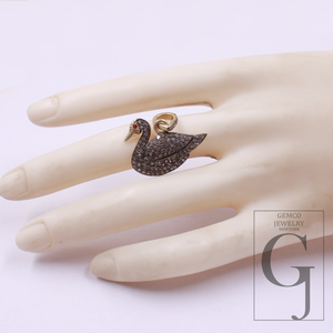 Beautiful Duck Pendant With Rosecut Pave Diamonds Vermeil Gold In 925 Sterling Silver, Handmade Pendant Gift For Her