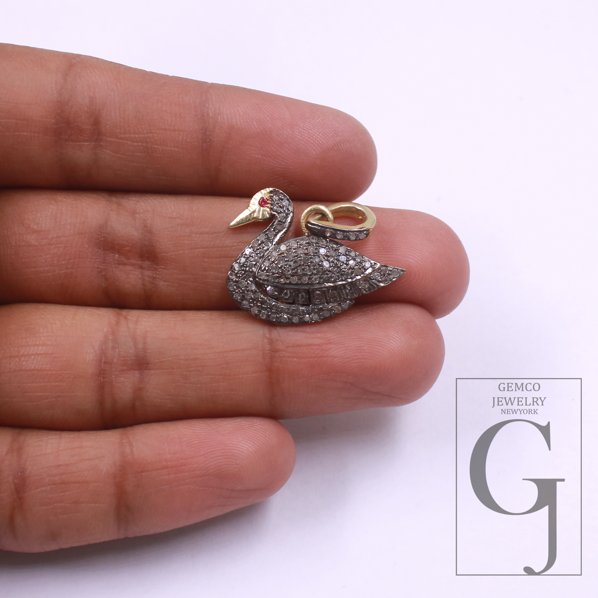 Beautiful Duck Pendant With Rosecut Pave Diamonds Vermeil Gold In 925 Sterling Silver, Handmade Pendant Gift For Her
