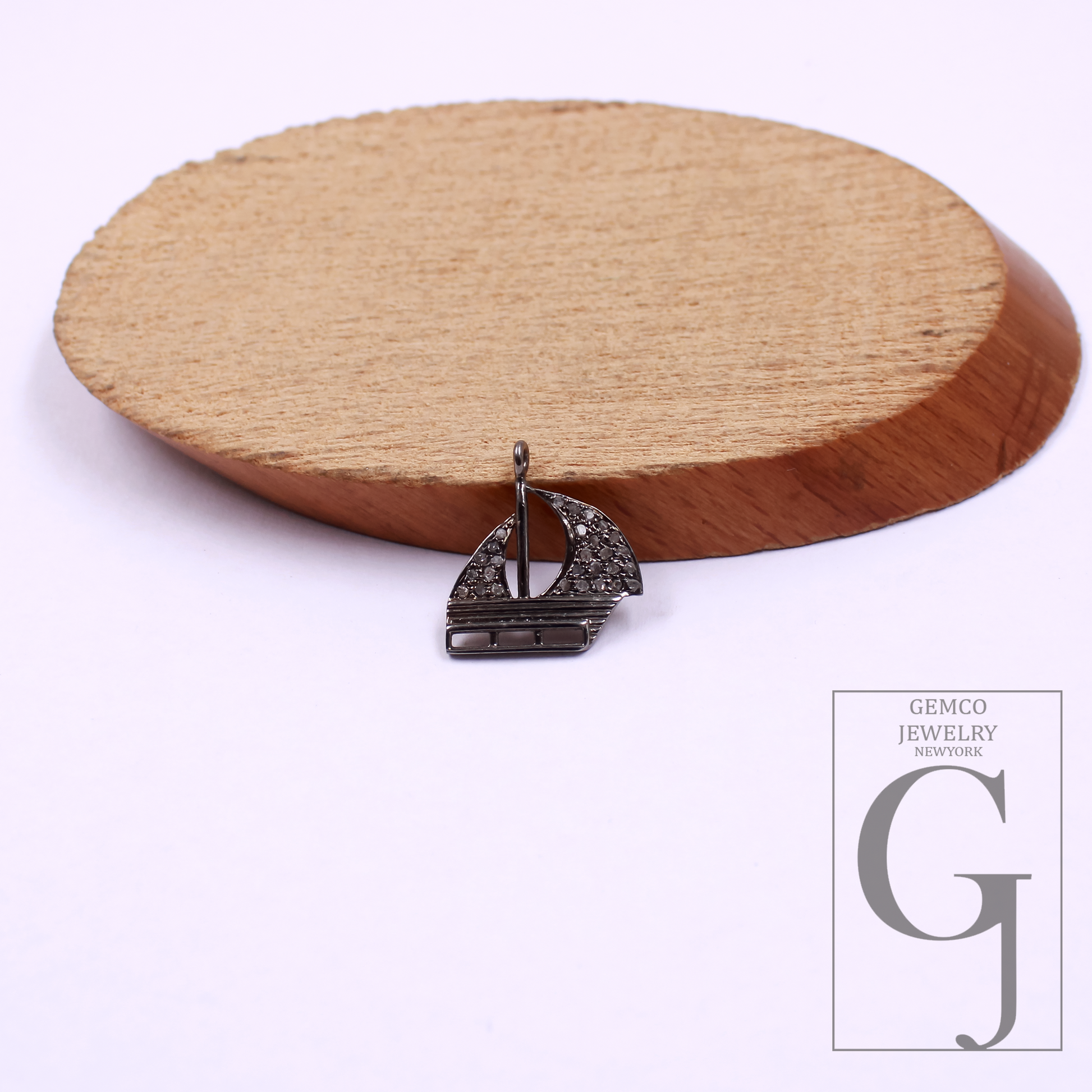 Designer Boat Pendant With Rosecut Pave Diamonds In 925 Sterling Silver - Handmade Jewelry Gift For Her