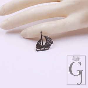 Designer Boat Pendant With Rosecut Pave Diamonds In 925 Sterling Silver - Handmade Jewelry Gift For Her