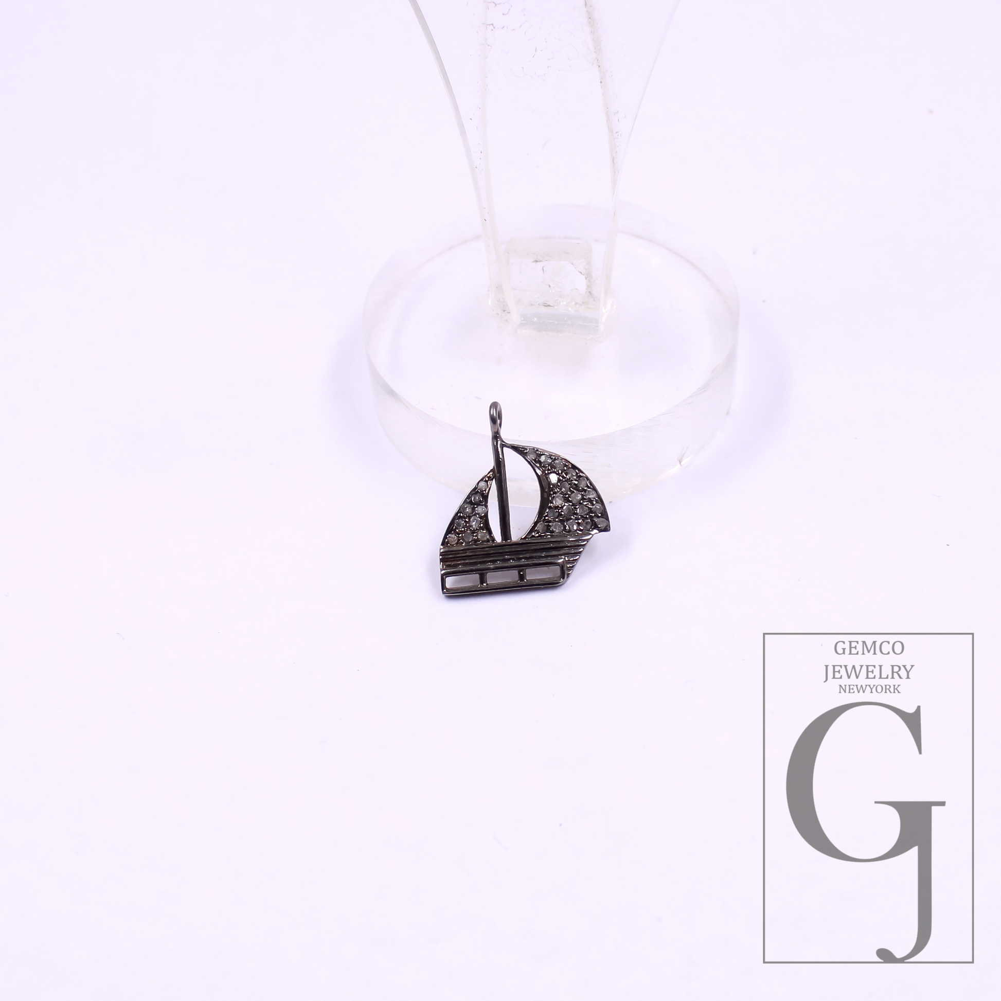 Designer Boat Pendant With Rosecut Pave Diamonds In 925 Sterling Silver - Handmade Jewelry Gift For Her