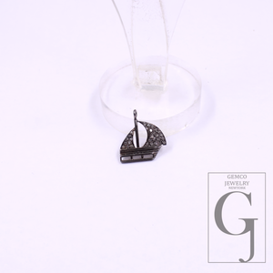 Designer Boat Pendant With Rosecut Pave Diamonds In 925 Sterling Silver - Handmade Jewelry Gift For Her