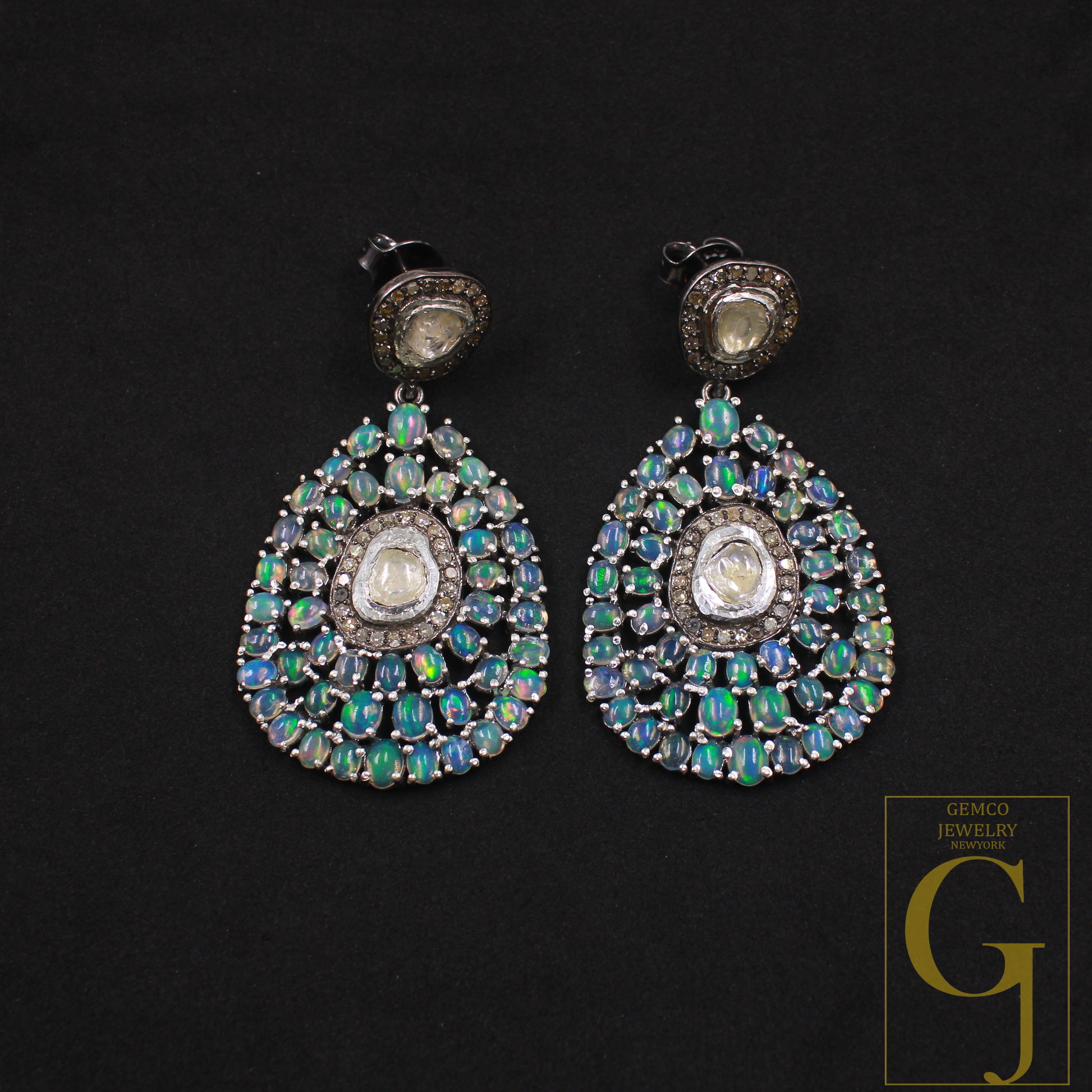 Natural Ethiopian Opal Earrings with Rosecut Polki And Pave Diamonds In 925 Sterling Silver – Handmade Jewelry