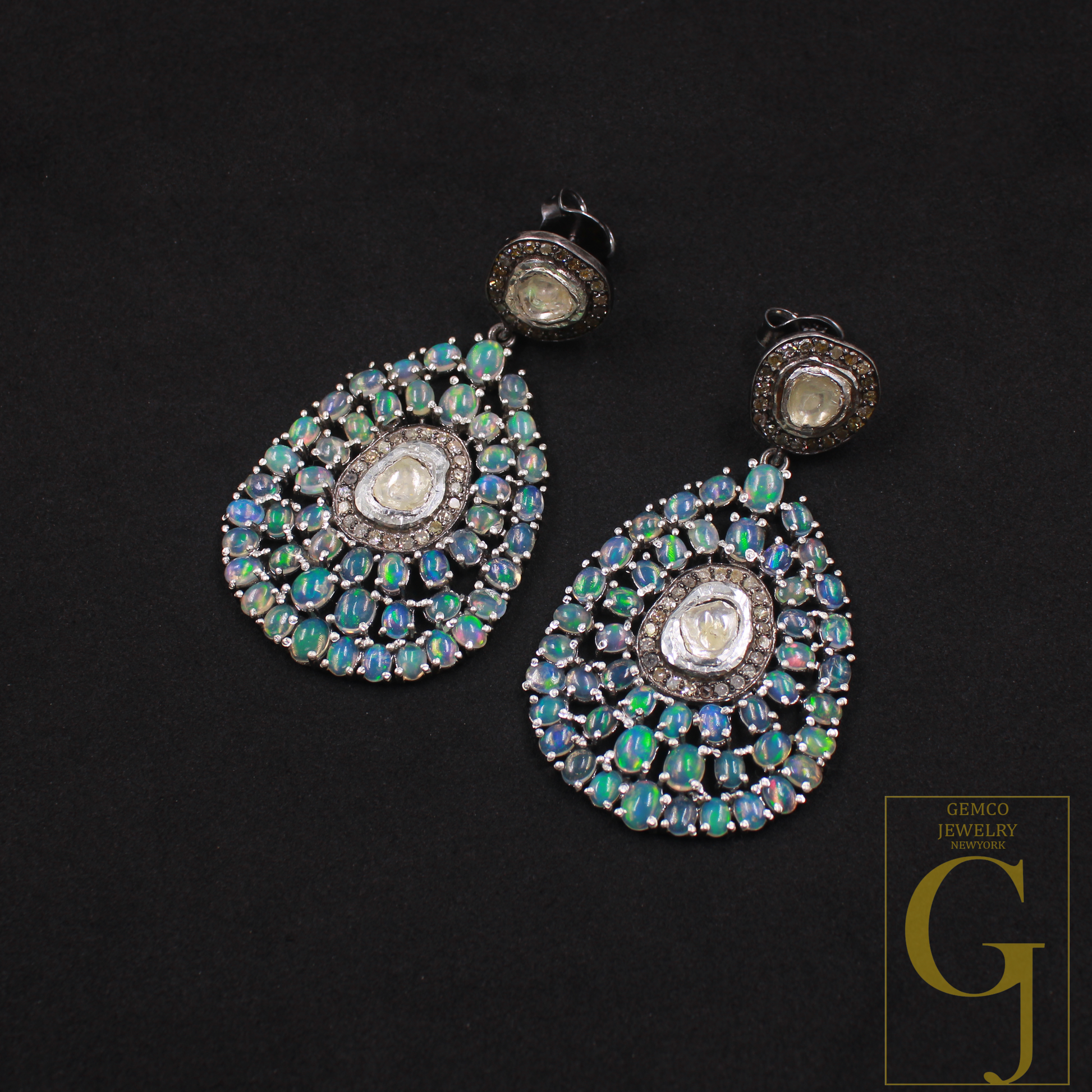 Natural Ethiopian Opal Earrings with Rosecut Polki And Pave Diamonds In 925 Sterling Silver – Handmade Jewelry