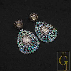 Natural Ethiopian Opal Earrings with Rosecut Polki And Pave Diamonds In 925 Sterling Silver – Handmade Jewelry