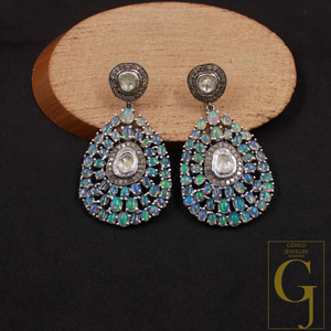 Natural Ethiopian Opal Earrings with Rosecut Polki And Pave Diamonds In 925 Sterling Silver – Handmade Jewelry