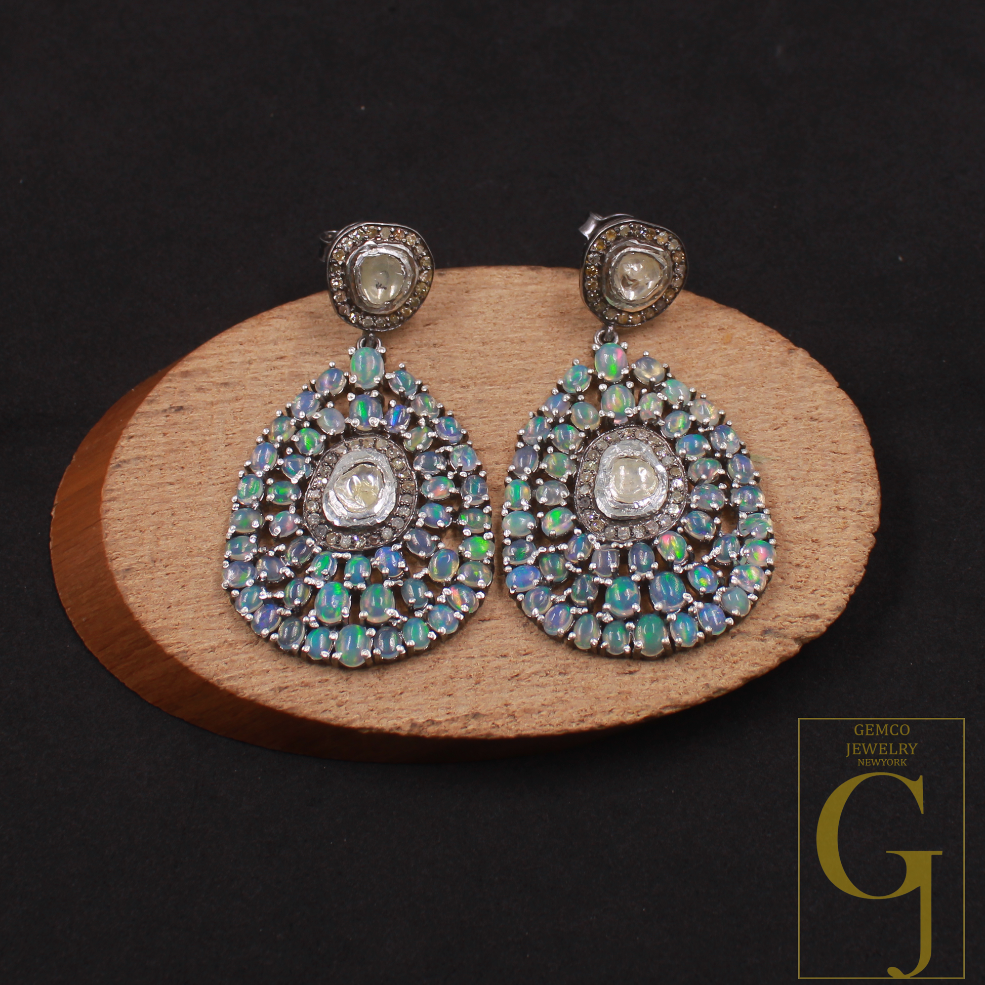 Natural Ethiopian Opal Earrings with Rosecut Polki And Pave Diamonds In 925 Sterling Silver – Handmade Jewelry