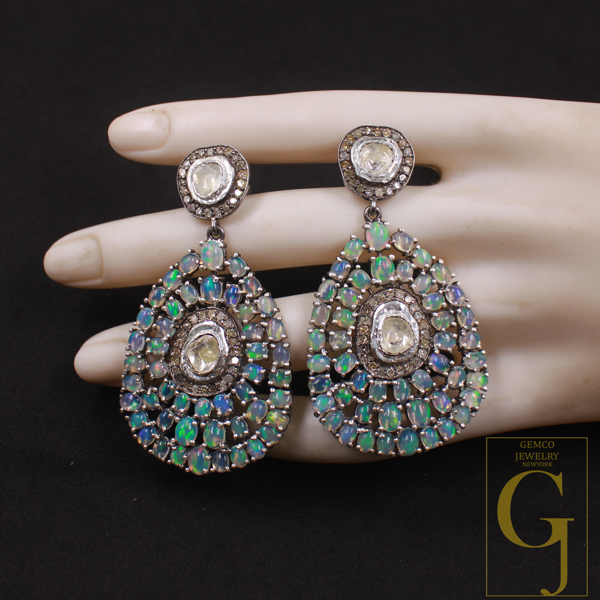 Natural Ethiopian Opal Earrings with Rosecut Polki And Pave Diamonds In 925 Sterling Silver – Handmade Jewelry