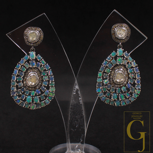 Natural Ethiopian Opal Earrings with Rosecut Polki And Pave Diamonds In 925 Sterling Silver – Handmade Jewelry