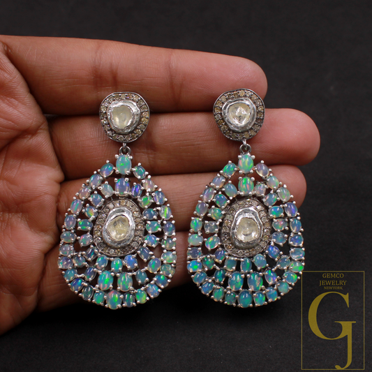 Natural Ethiopian Opal Earrings with Rosecut Polki And Pave Diamonds In 925 Sterling Silver – Handmade Jewelry