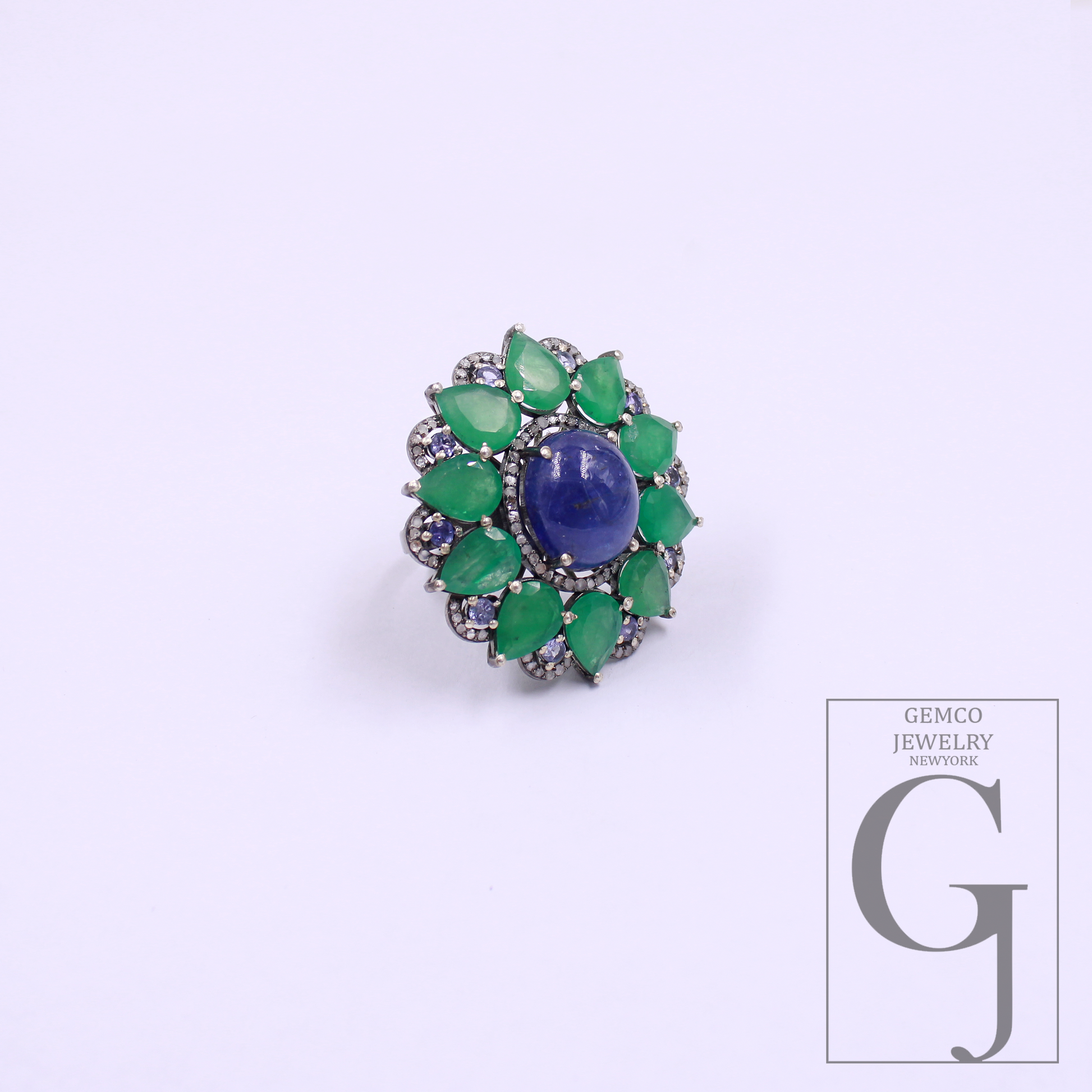 Natural Emerald And Tanzanite Ring With Pave Diamonds - 925 Sterling Silver, Beautiful Emerald And Tanzanite Ring Gift For Her