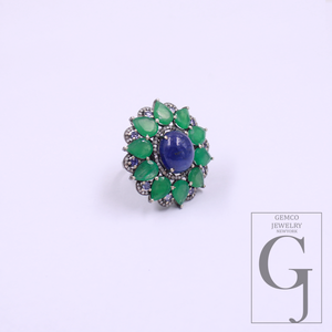 Natural Emerald And Tanzanite Ring With Pave Diamonds - 925 Sterling Silver, Beautiful Emerald And Tanzanite Ring Gift For Her