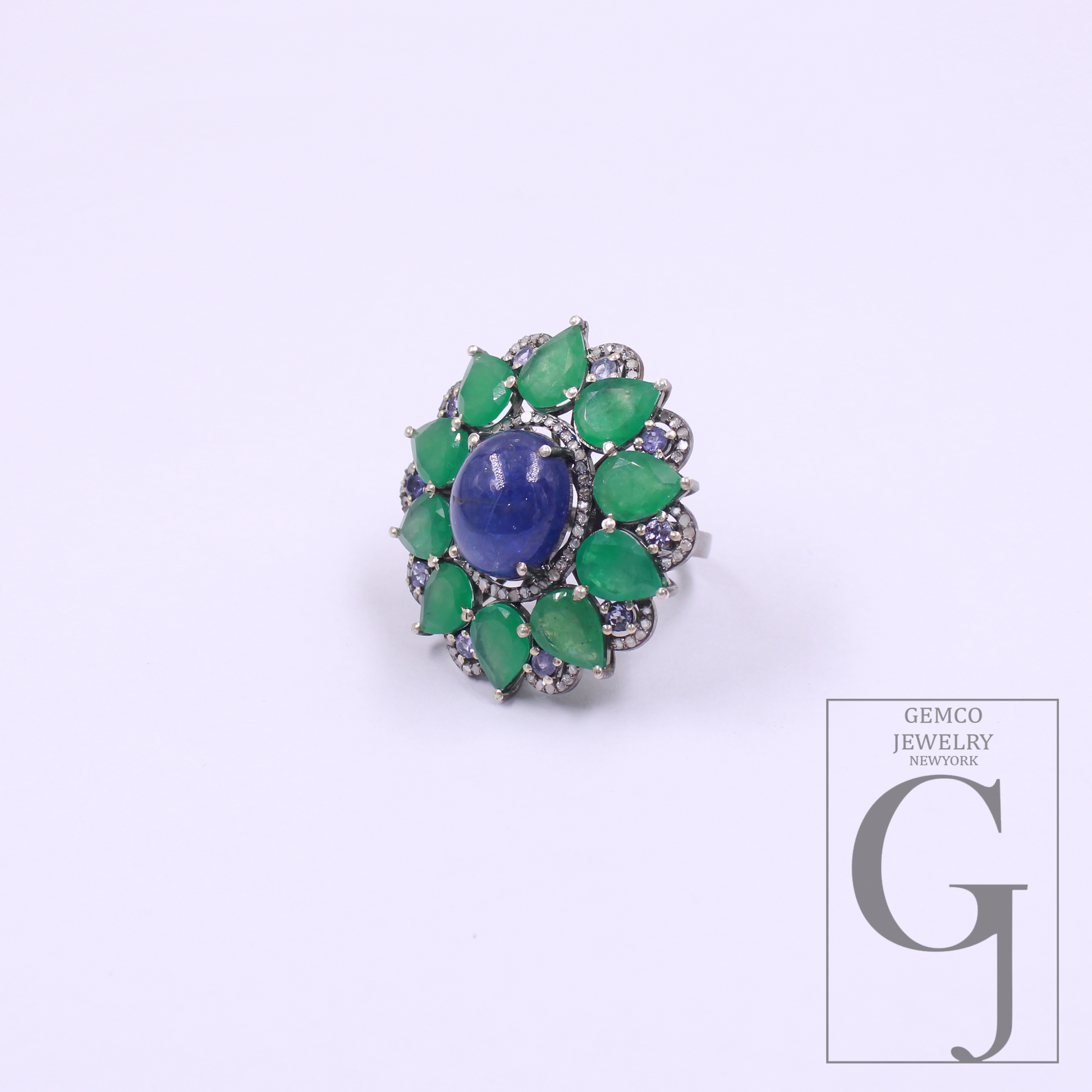 Natural Emerald And Tanzanite Ring With Pave Diamonds - 925 Sterling Silver, Beautiful Emerald And Tanzanite Ring Gift For Her