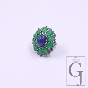 Natural Emerald And Tanzanite Ring With Pave Diamonds - 925 Sterling Silver, Beautiful Emerald And Tanzanite Ring Gift For Her
