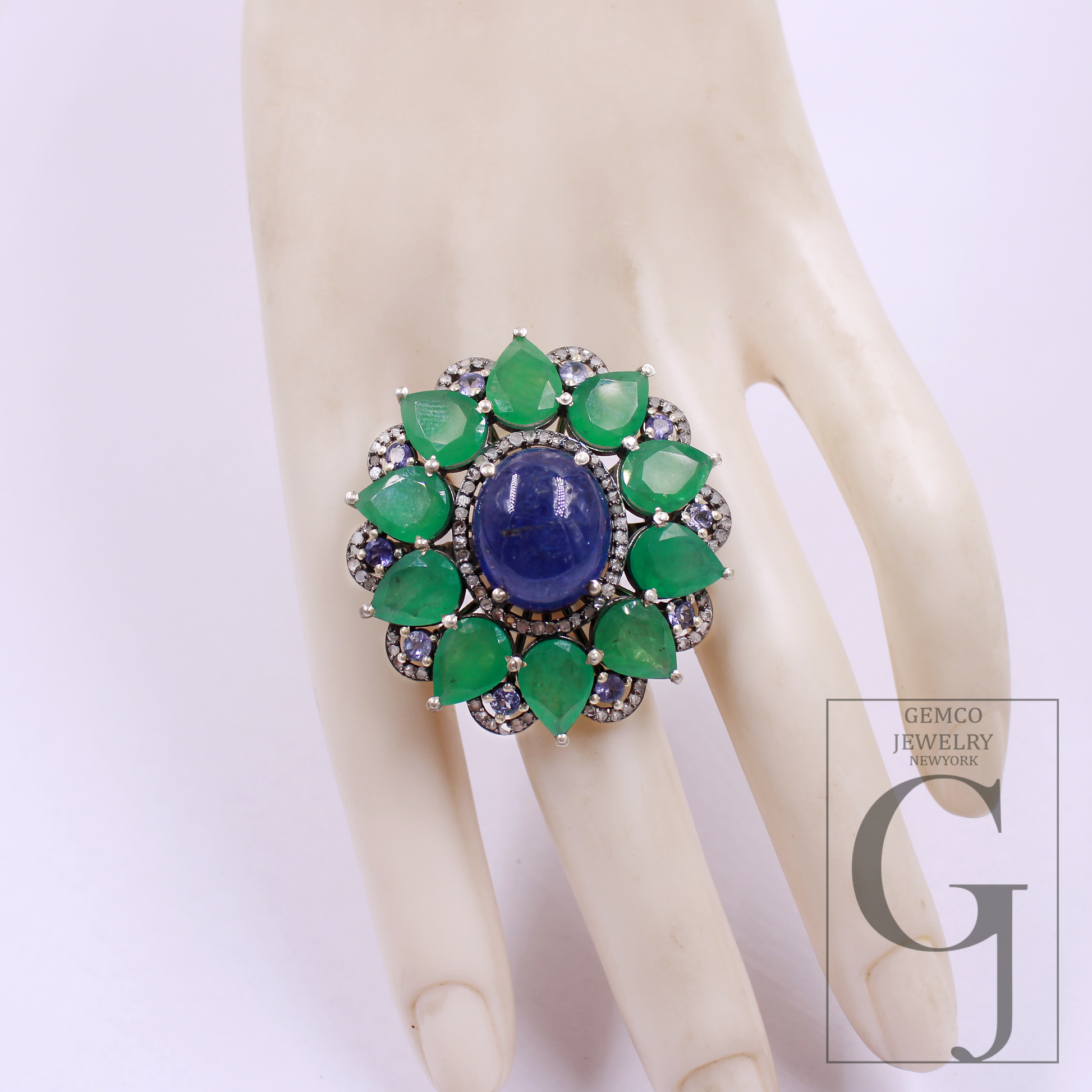 Natural Emerald And Tanzanite Ring With Pave Diamonds - 925 Sterling Silver, Beautiful Emerald And Tanzanite Ring Gift For Her