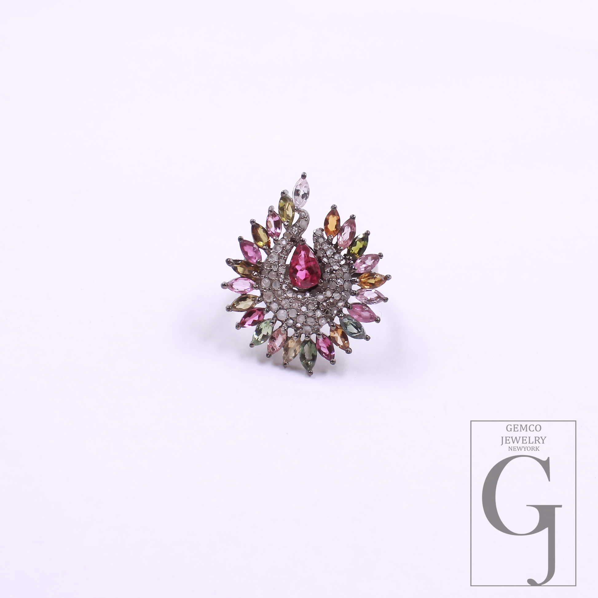 Natural Multi-Tourmaline Ring With Pave Diamonds In 925 Sterling Silver – Unique Ring For Everyday Wear