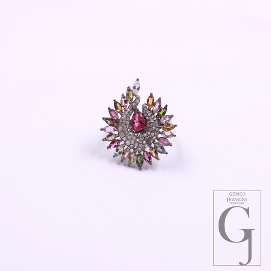 Natural Multi-Tourmaline Ring With Pave Diamonds In 925 Sterling Silver – Unique Ring For Everyday Wear
