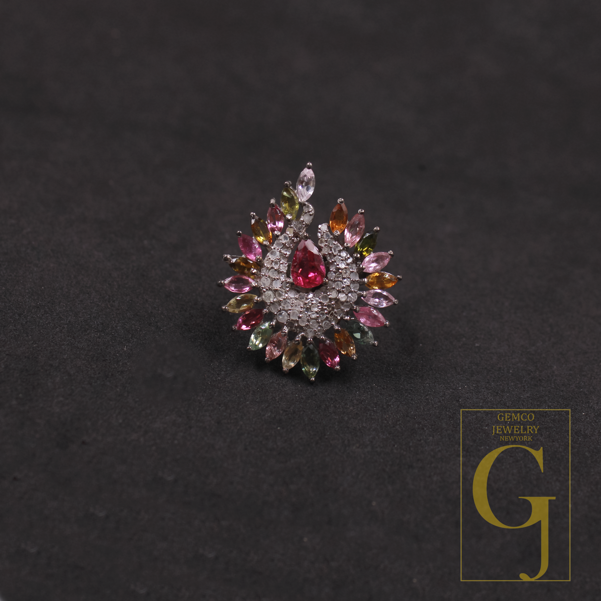 Natural Multi-Tourmaline Ring With Pave Diamonds In 925 Sterling Silver – Unique Ring For Everyday Wear
