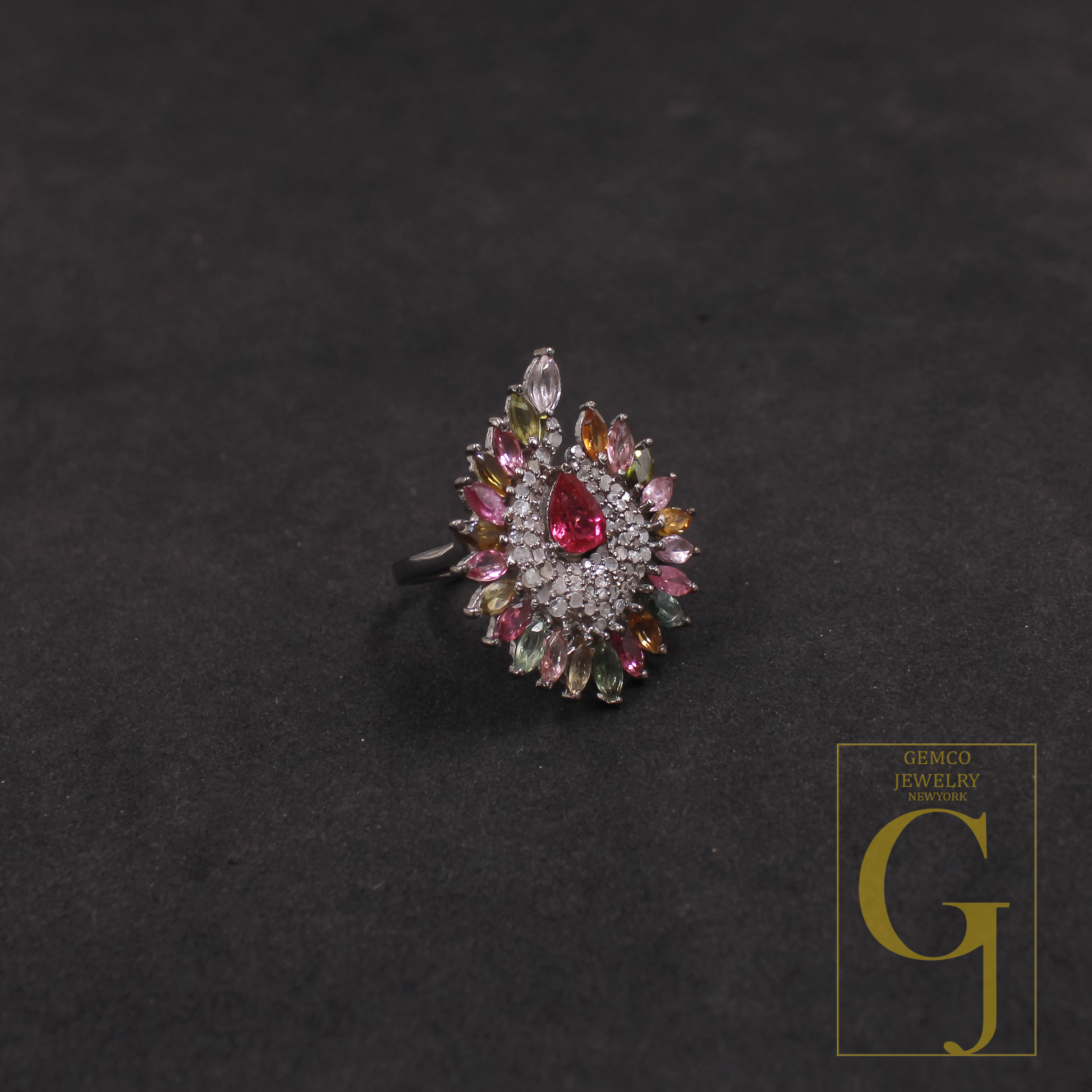 Natural Multi-Tourmaline Ring With Pave Diamonds In 925 Sterling Silver – Unique Ring For Everyday Wear