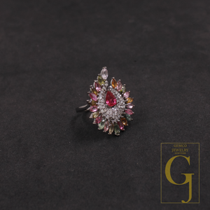 Natural Multi-Tourmaline Ring With Pave Diamonds In 925 Sterling Silver – Unique Ring For Everyday Wear
