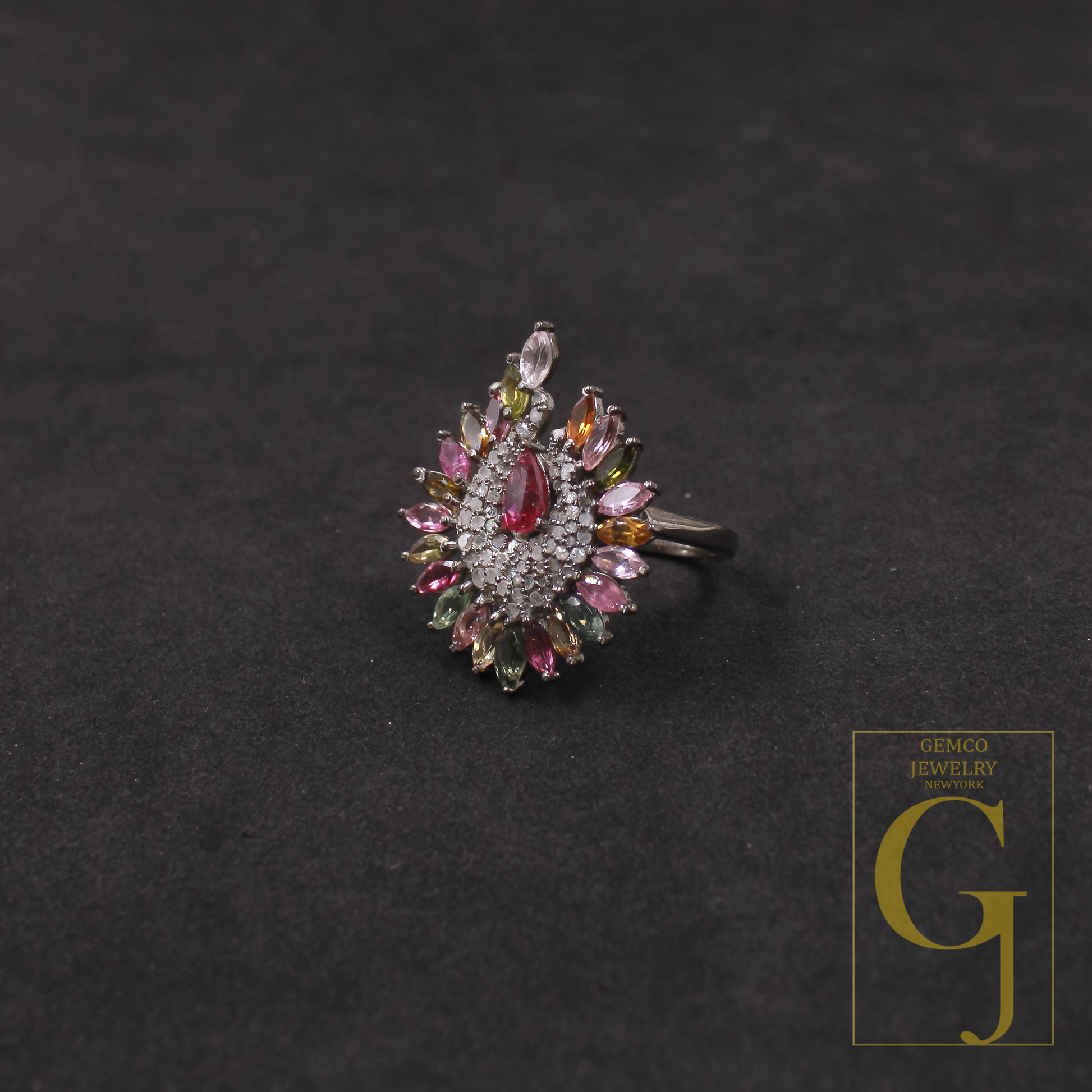 Natural Multi-Tourmaline Ring With Pave Diamonds In 925 Sterling Silver – Unique Ring For Everyday Wear