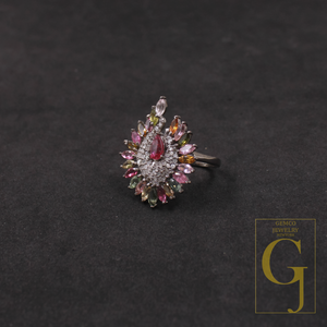 Natural Multi-Tourmaline Ring With Pave Diamonds In 925 Sterling Silver – Unique Ring For Everyday Wear