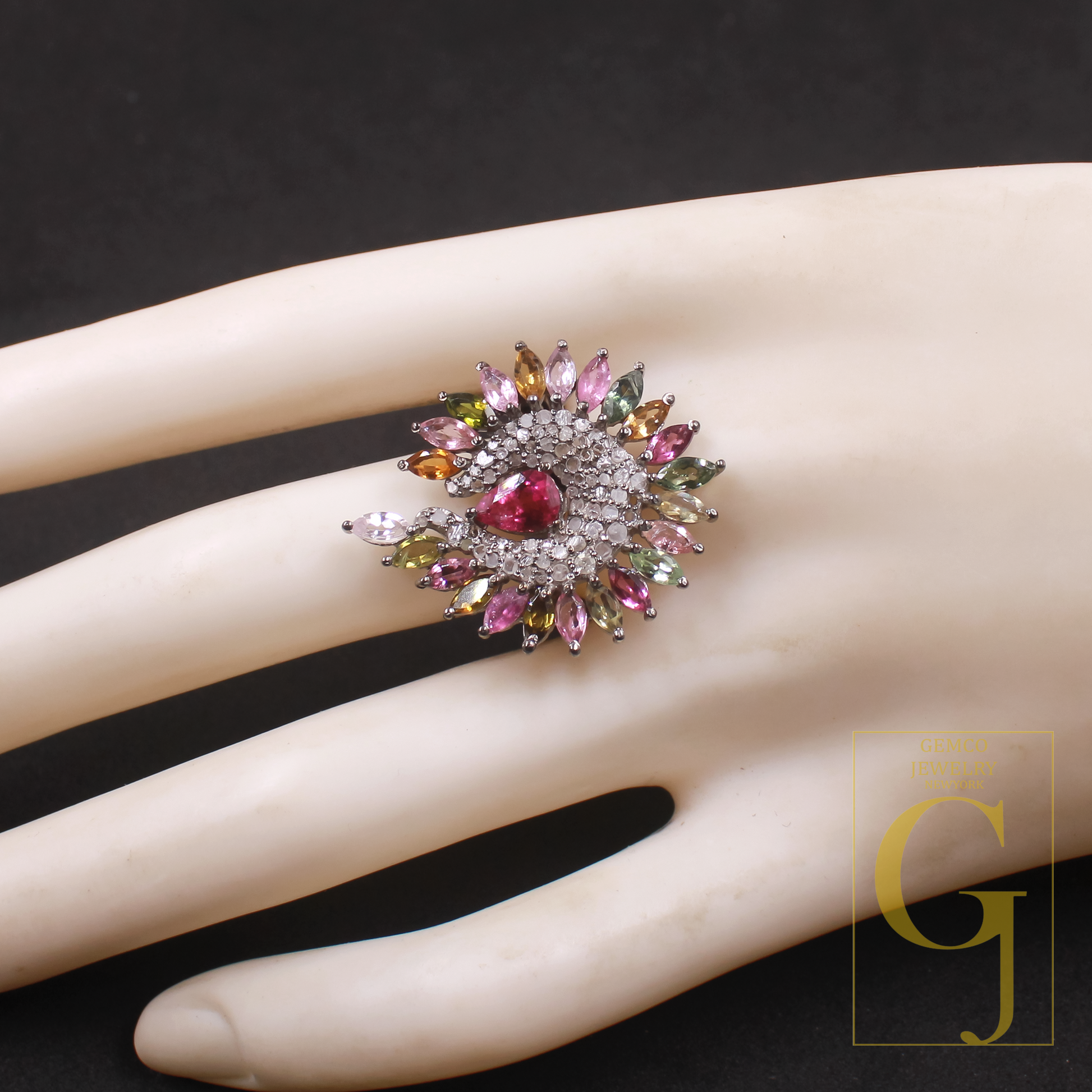 Natural Multi-Tourmaline Ring With Pave Diamonds In 925 Sterling Silver – Unique Ring For Everyday Wear