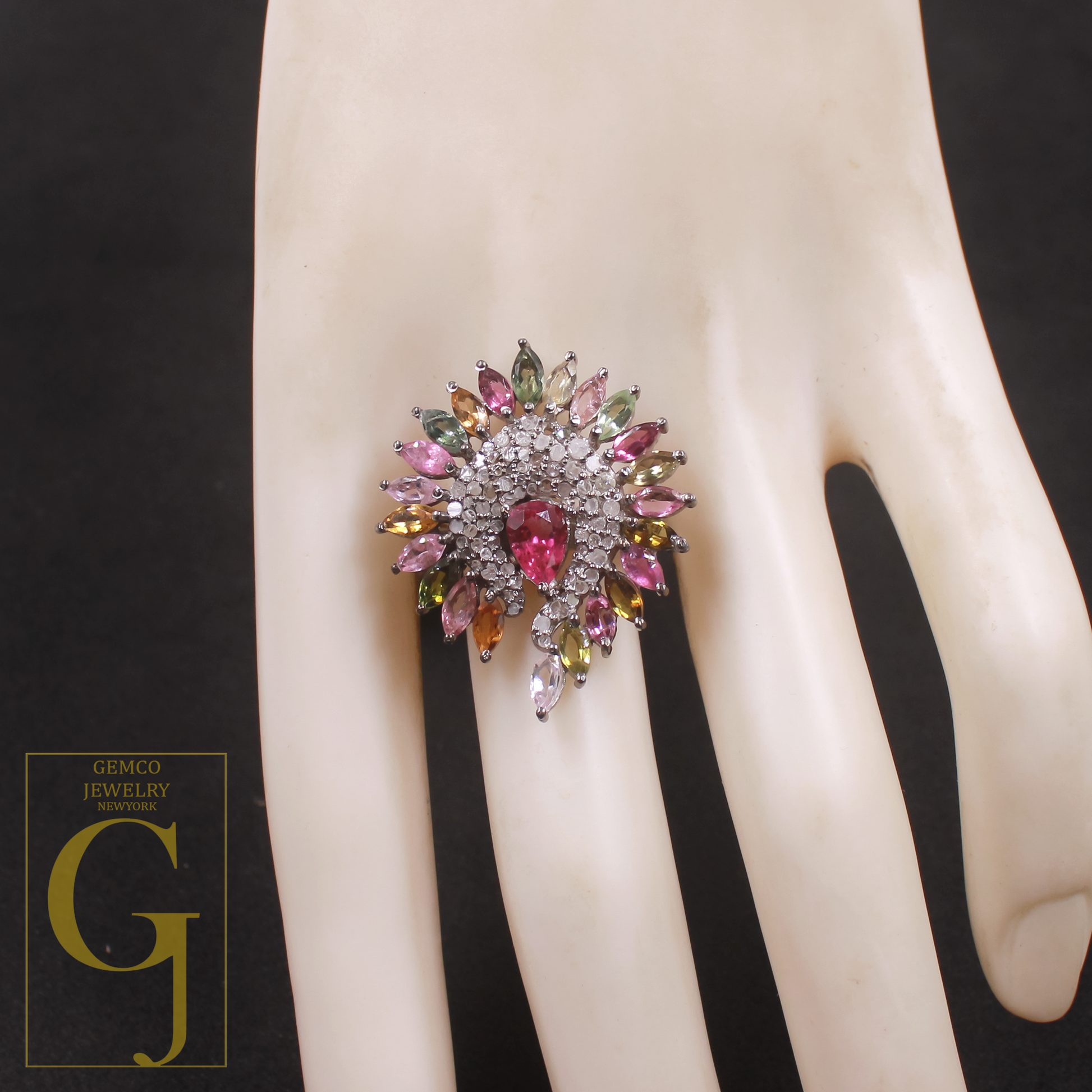 Natural Multi-Tourmaline Ring With Pave Diamonds In 925 Sterling Silver – Unique Ring For Everyday Wear