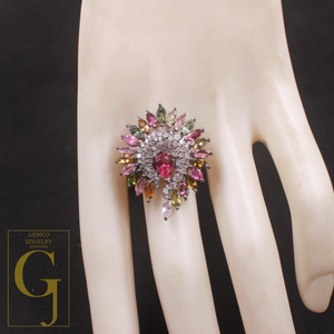 Natural Multi-Tourmaline Ring With Pave Diamonds In 925 Sterling Silver – Unique Ring For Everyday Wear