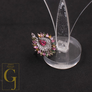 Natural Multi-Tourmaline Ring With Pave Diamonds In 925 Sterling Silver – Unique Ring For Everyday Wear