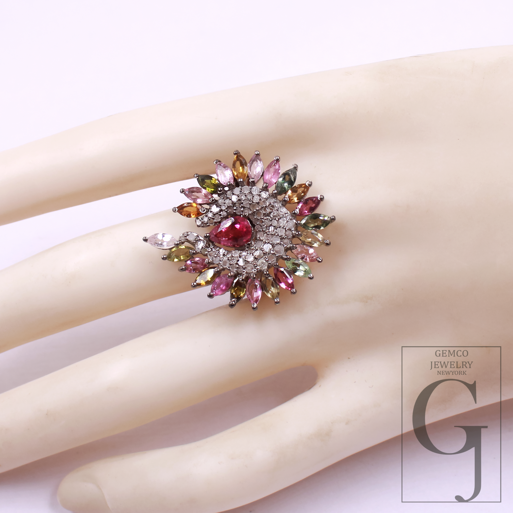 Natural Multi-Tourmaline Ring With Pave Diamonds In 925 Sterling Silver – Unique Ring For Everyday Wear