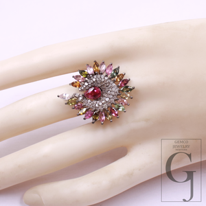 Natural Multi-Tourmaline Ring With Pave Diamonds In 925 Sterling Silver – Unique Ring For Everyday Wear