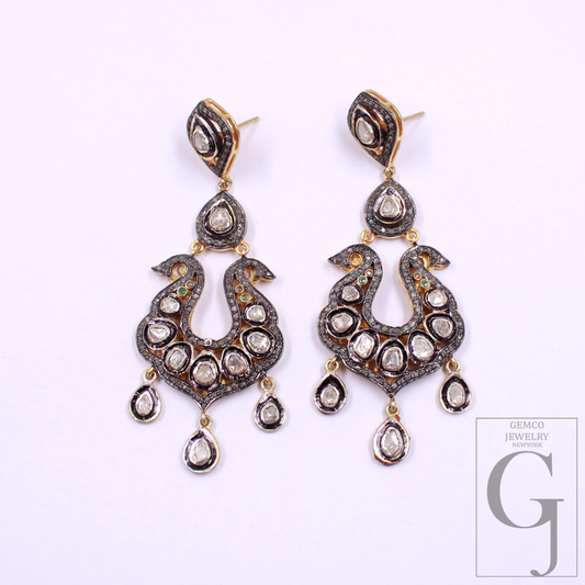 Natural Polki Diamond Drop Earrings – Vintage Gold-Plated 925 Sterling Silver Dangle Jewelry For Women