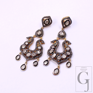 Natural Polki Diamond Drop Earrings – Vintage Gold-Plated 925 Sterling Silver Dangle Jewelry For Women