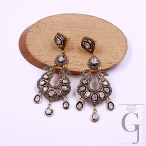 Natural Polki Diamond Drop Earrings – Vintage Gold-Plated 925 Sterling Silver Dangle Jewelry For Women