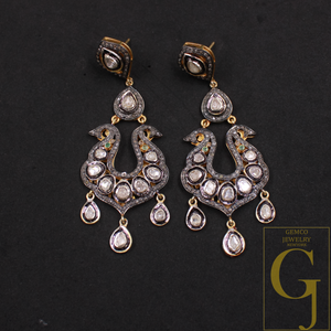 Natural Polki Diamond Drop Earrings – Vintage Gold-Plated 925 Sterling Silver Dangle Jewelry For Women