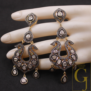 Natural Polki Diamond Drop Earrings – Vintage Gold-Plated 925 Sterling Silver Dangle Jewelry For Women