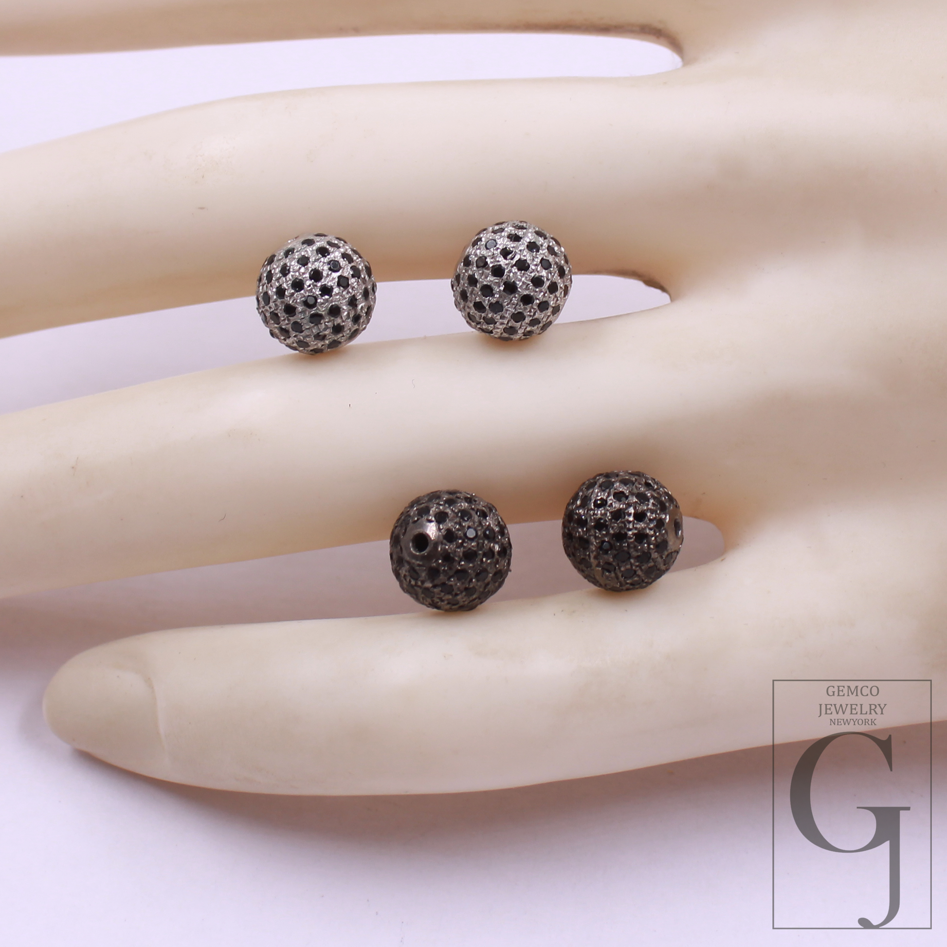 Beautiful Black Pave Diamond Ball Bead Spacer (6mm-12mm) In 925 Sterling Silver For Jewelry Supplies