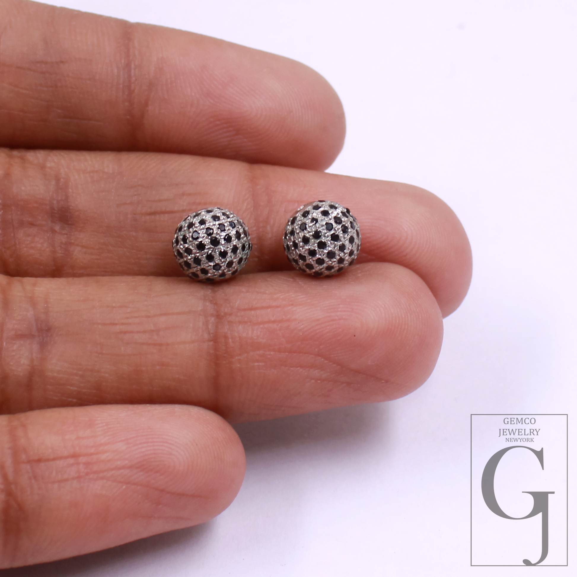 Beautiful Black Pave Diamond Ball Bead Spacer (6mm-12mm) In 925 Sterling Silver For Jewelry Supplies